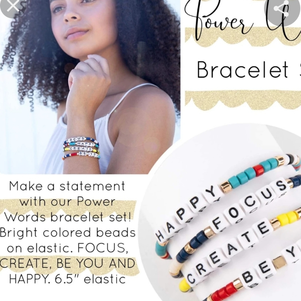 NEW PLUNDER POWER WORDS 4 BRACELET STACK. BRIGHT COLORED BEADS ON ELASTIC. RETIR